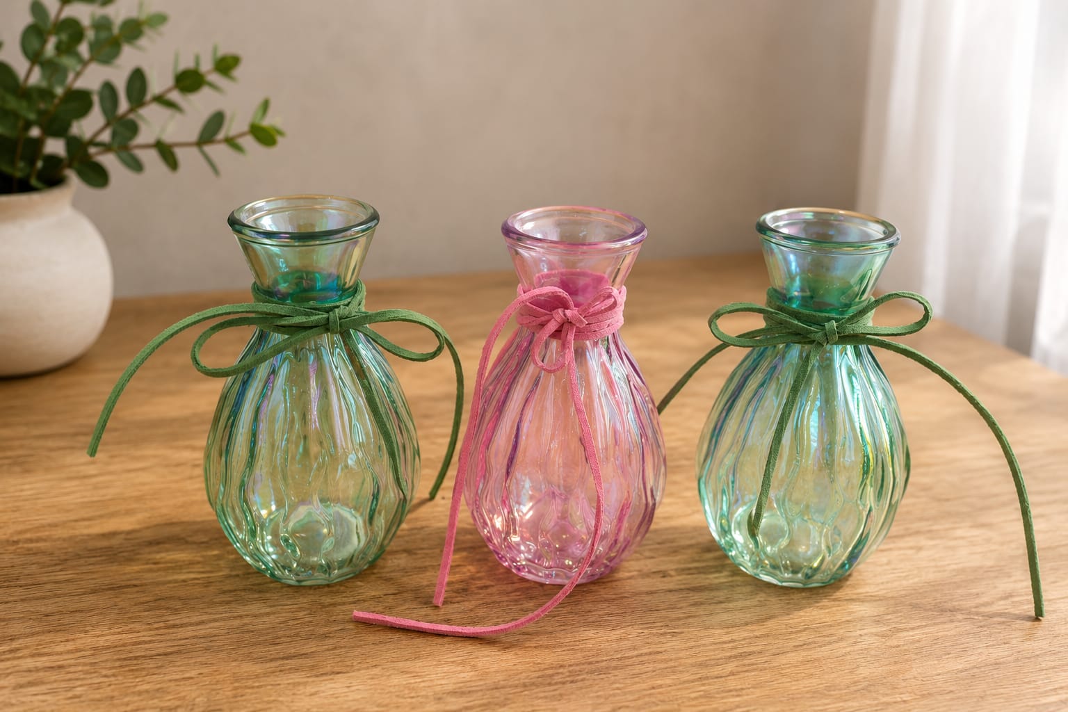 Iridescent Glass Bud Vases with Bow — Set of 3