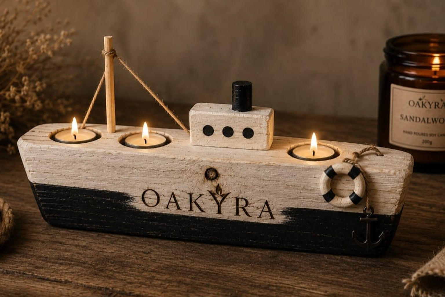 OAKYRA Nautical Wooden Tealight Candle Holder
